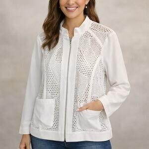 Women's Medium White Swim Coverup Jacket White Eyelet Mesh Zenergy by Chico’s 1